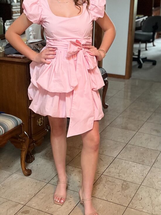 Olivaceous Dresses & Skirts - Olivaceous Pink Puff Sleeve Tiered Mini Dress with Waist Tie Small